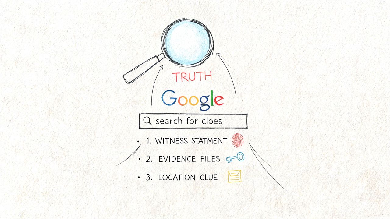 A hand-drawn illustration showing a magnifying glass searching for evidence clues using a Google search bar interface.