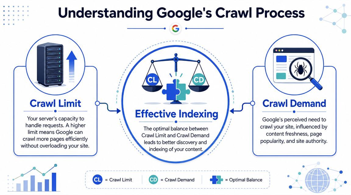A diagram explaining Google's crawl process, highlighting the relationship between crawl limit, crawl demand, and effective indexing.