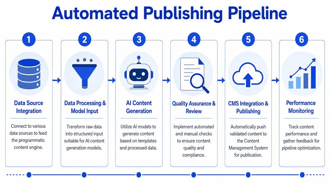 A six-step automated publishing pipeline flowchart visualizing the process from data source integration to performance monitoring.