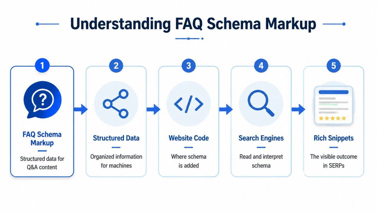 A diagram explaining the process of FAQ schema markup from structured data to search engine rich snippets.