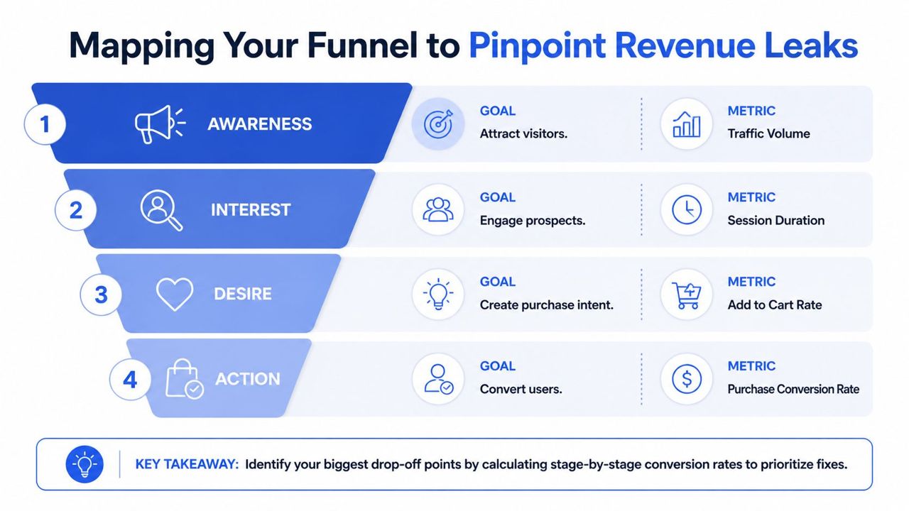 A four-stage marketing funnel chart explaining goals and metrics to identify and fix business revenue leaks.