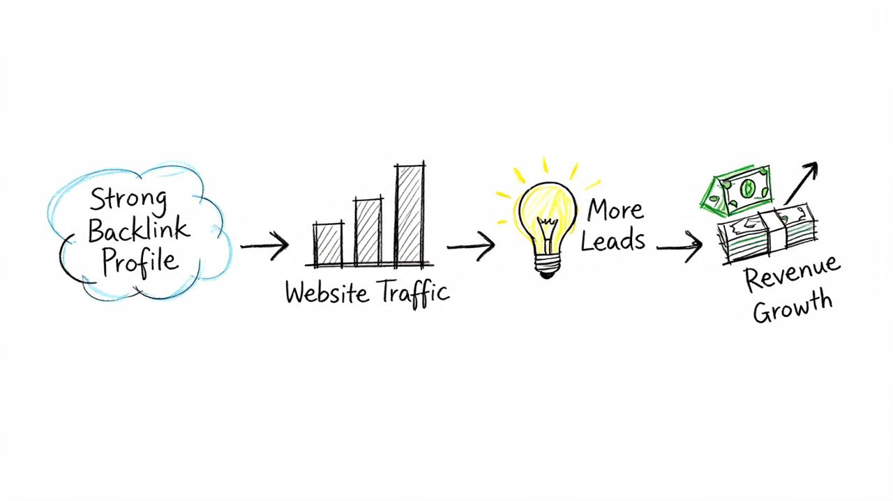A flow chart illustrating how a strong backlink profile leads to increased website traffic, leads, and revenue.