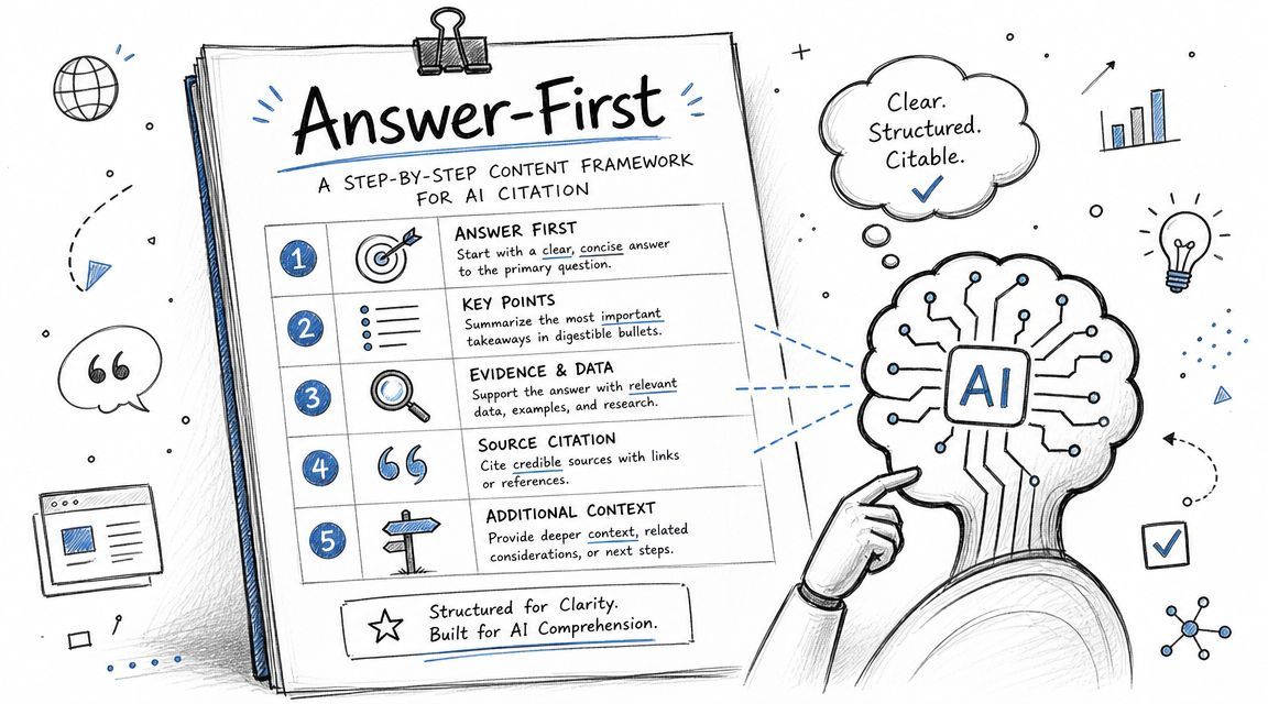 An infographic illustrating the Answer-First framework for AI content creation, featuring five sequential steps for AI optimization.