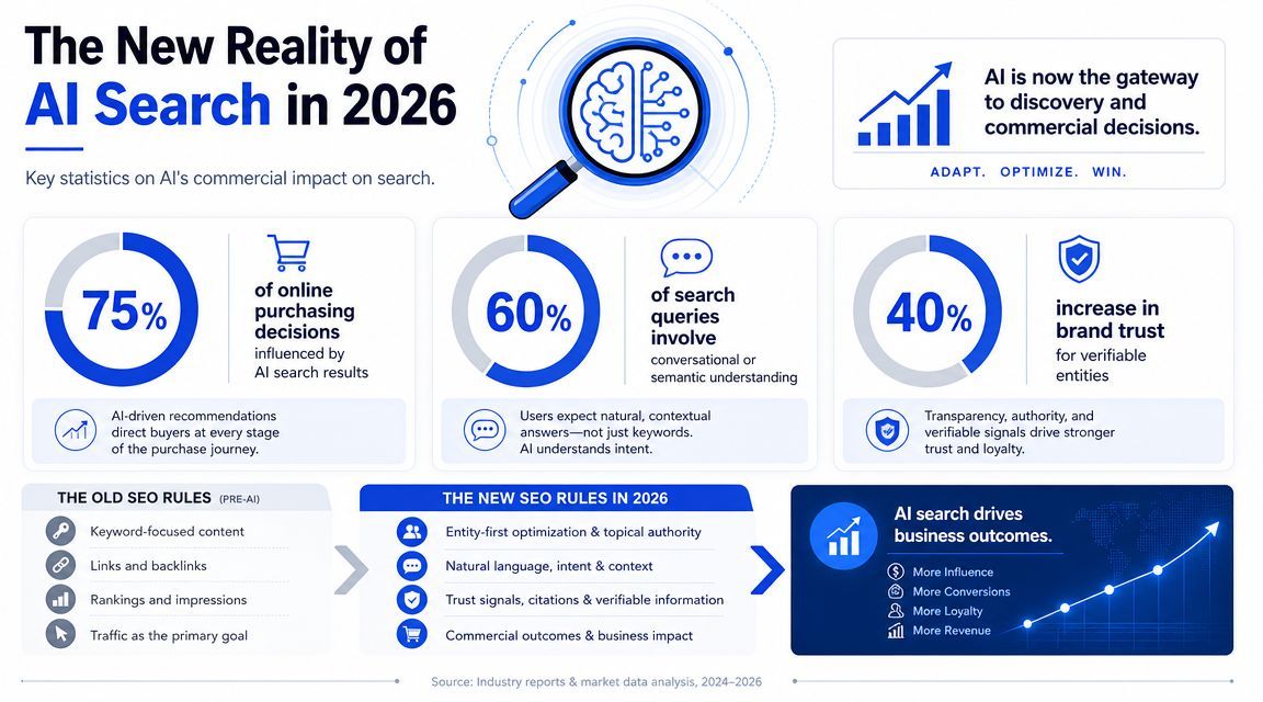 An infographic titled The New Reality of AI Search in 2026 showing statistics on AI impact.