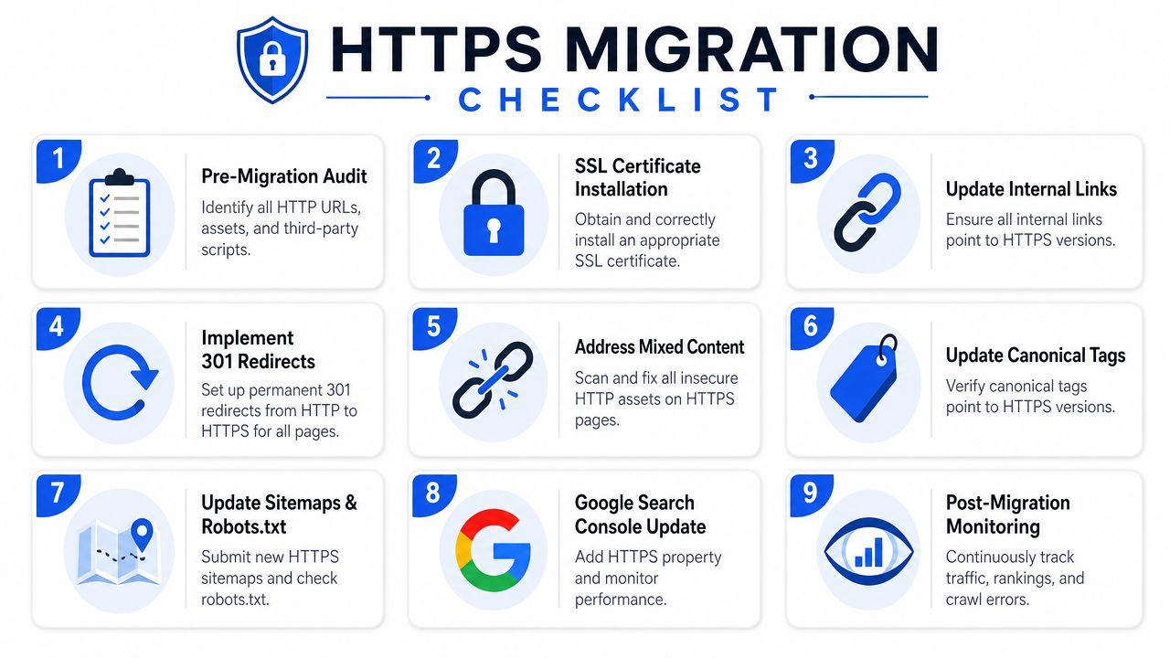 A nine-step HTTPS migration checklist infographic illustrating key technical SEO tasks for website security transitions.