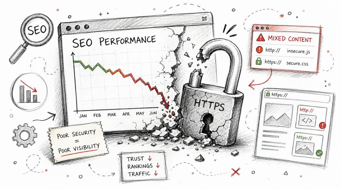 A hand-drawn illustration showing how a broken HTTPS padlock negatively impacts SEO performance and website search rankings.