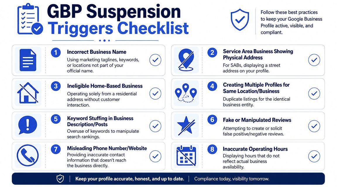 An infographic checklist outlining common triggers that lead to Google Business Profile suspensions for business owners.