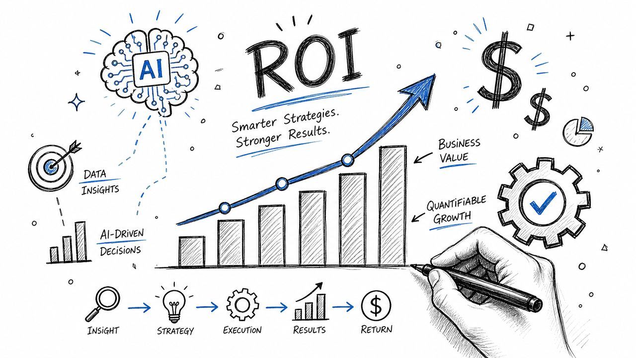 A hand drawing a bar chart to illustrate AI-driven business ROI and strategic growth improvement.