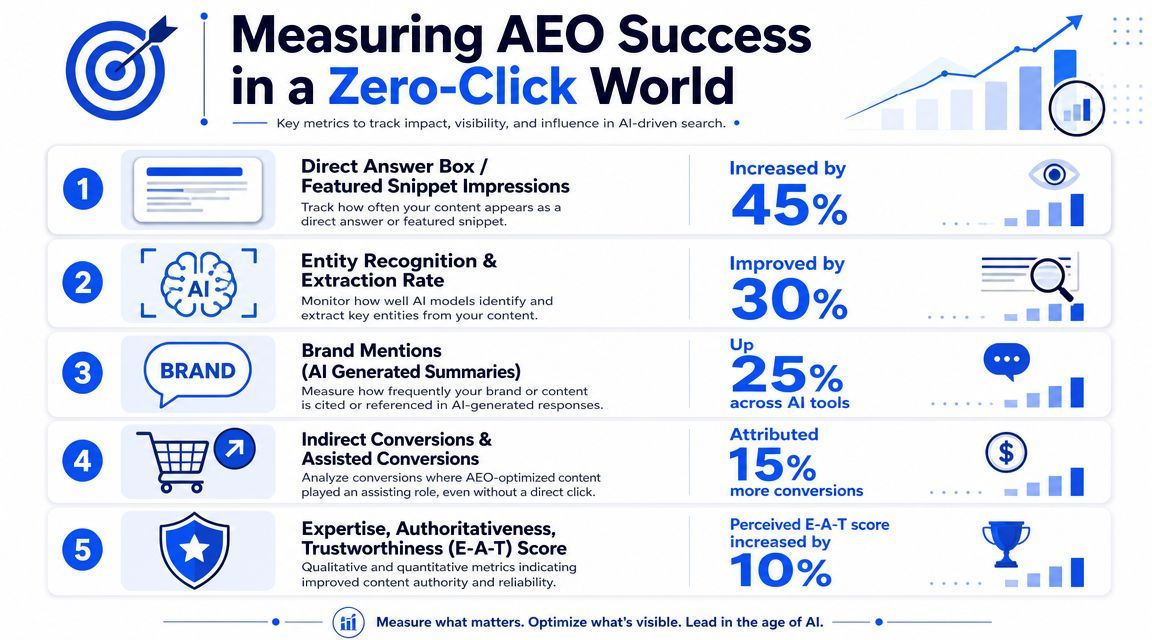 An infographic titled Measuring AEO Success in a Zero-Click World showing five key performance metrics for AI-driven search.