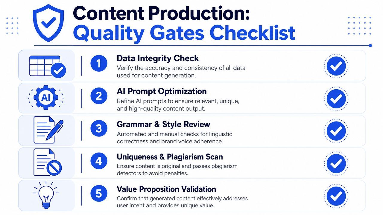 A checklist infographic titled Content Production Quality Gates outlining five essential steps for AI content generation.