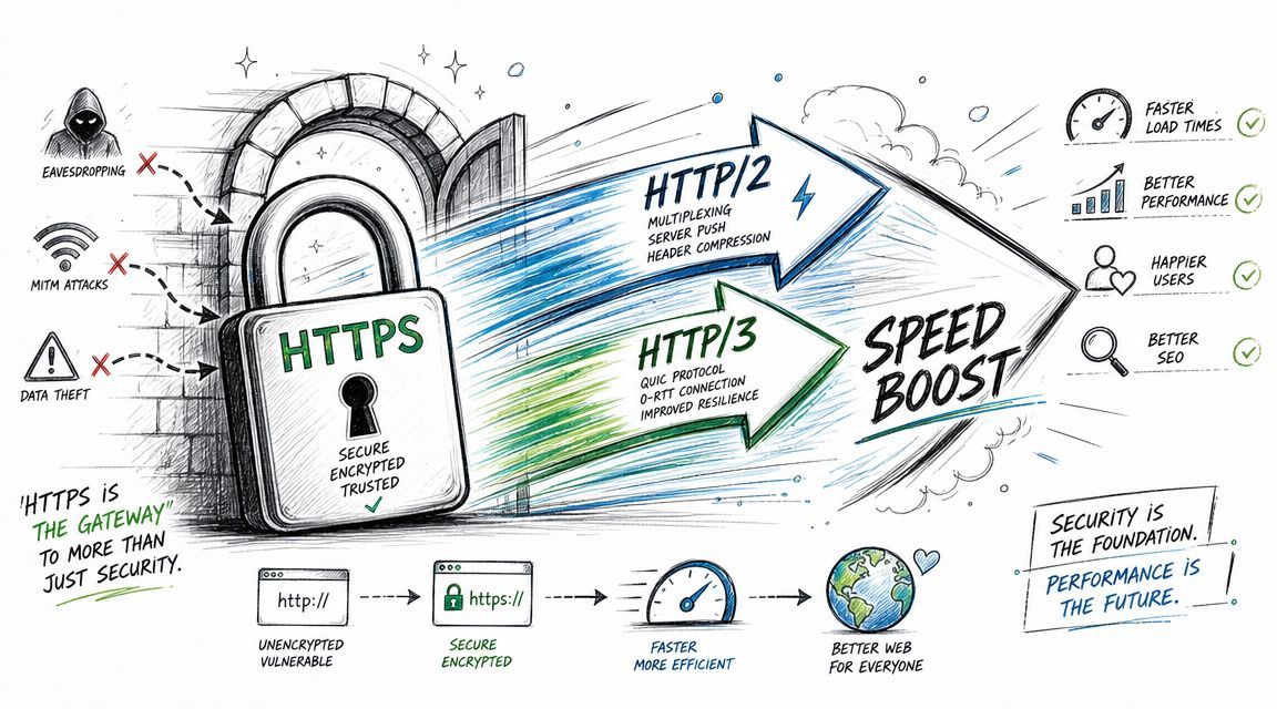 An infographic illustrating how HTTPS, HTTP/2, and HTTP/3 protocols improve website security, performance, and search engine optimization.