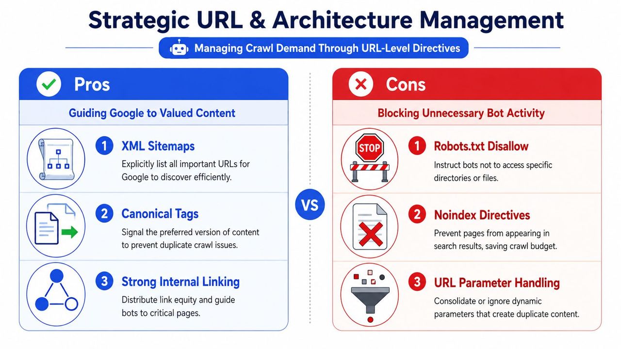 A strategic guide comparing SEO methods for managing crawl demand using sitemaps, directives, and internal linking techniques.