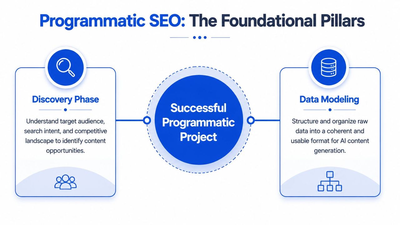 A diagram illustrating the foundational pillars of successful programmatic SEO, featuring discovery and data modeling phases.