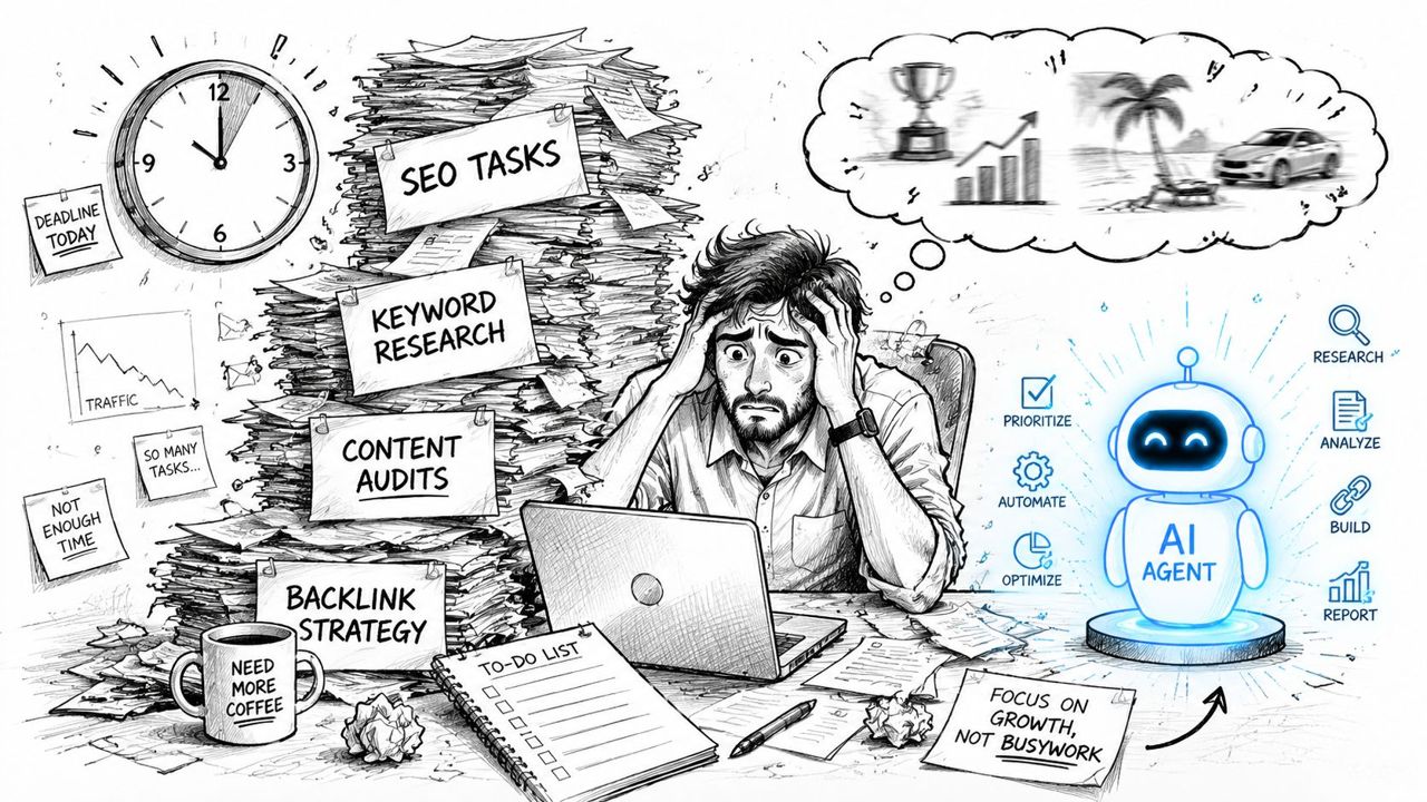A stressed worker overwhelmed by SEO tasks, finding relief through an AI agent solution for automation.