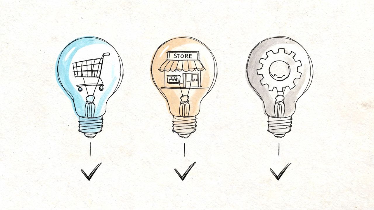 Three light bulbs representing e-commerce shopping, physical retail stores, and operational business processes with checkmarks below.