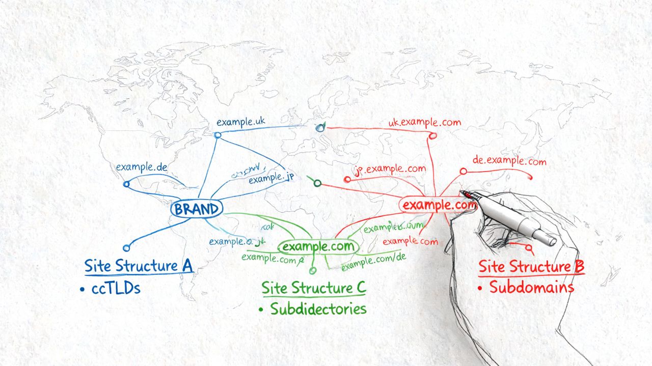 A hand-drawn illustration comparing three website architectures for international SEO: ccTLDs, subdomains, and subdirectories on a map.