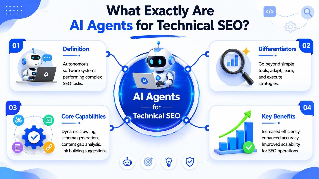 An infographic detailing the definition, capabilities, and benefits of AI agents for technical SEO automation.