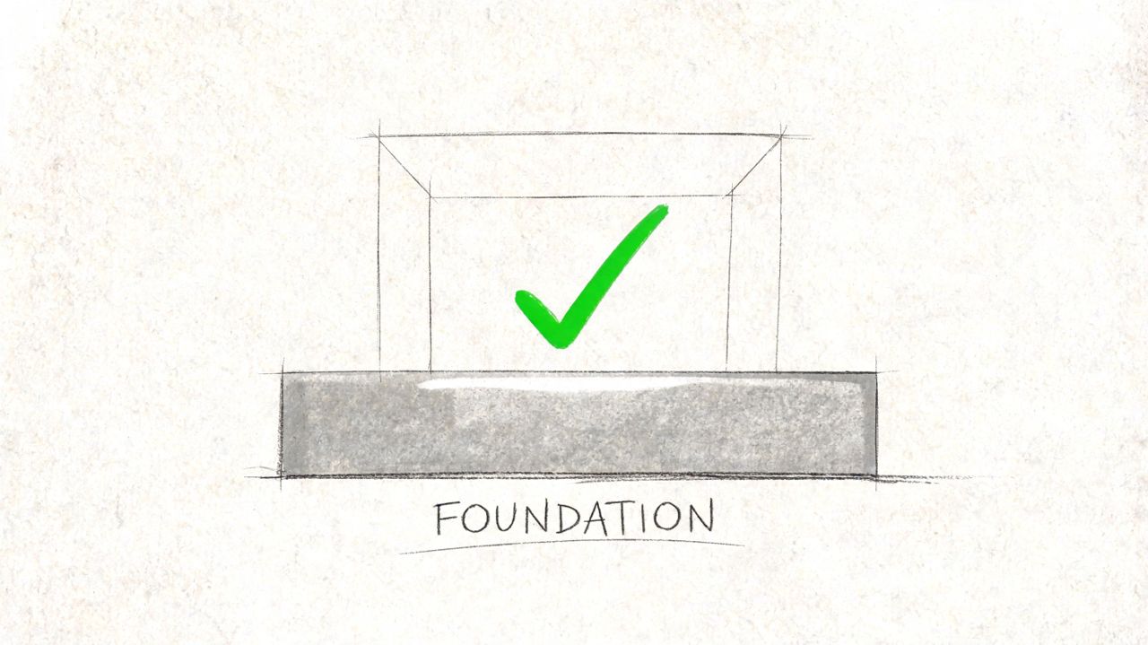 A pencil sketch of a solid rectangular foundation with a green checkmark symbol resting on top.