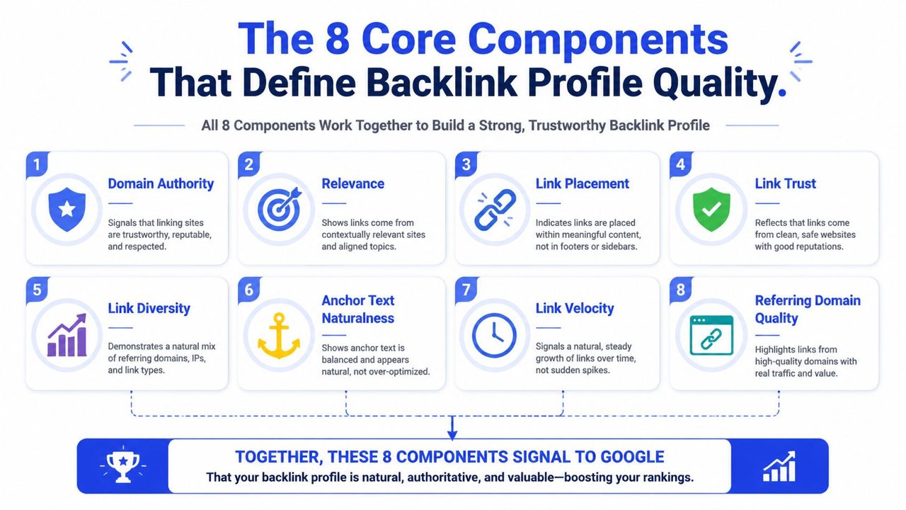 An infographic detailing the eight core components that define the quality of a website backlink profile.