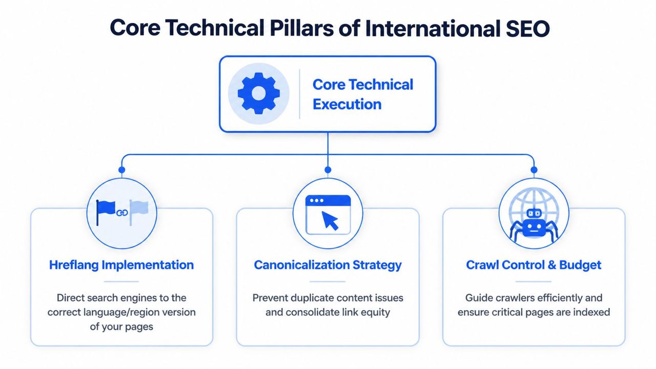 A diagram outlining the three core technical pillars of international SEO: hreflang implementation, canonicalization, and crawl budget.