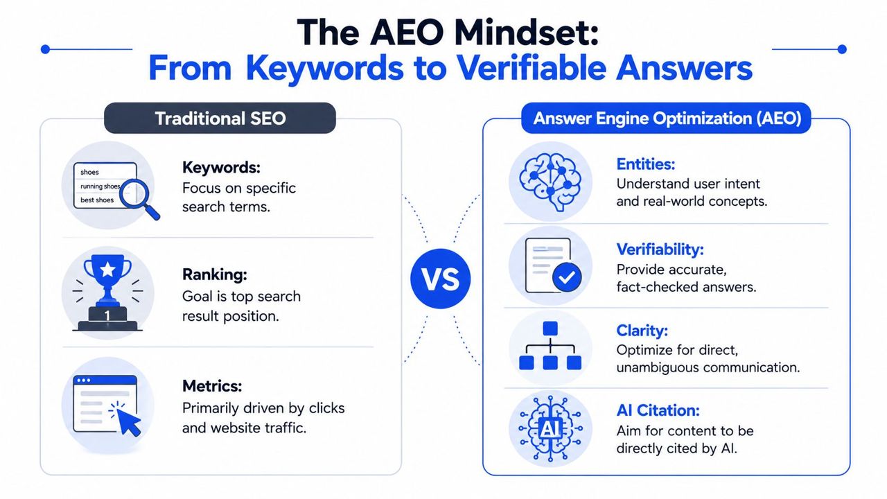 A comparison infographic between traditional SEO focused on keywords and Answer Engine Optimization strategy using AI entities.