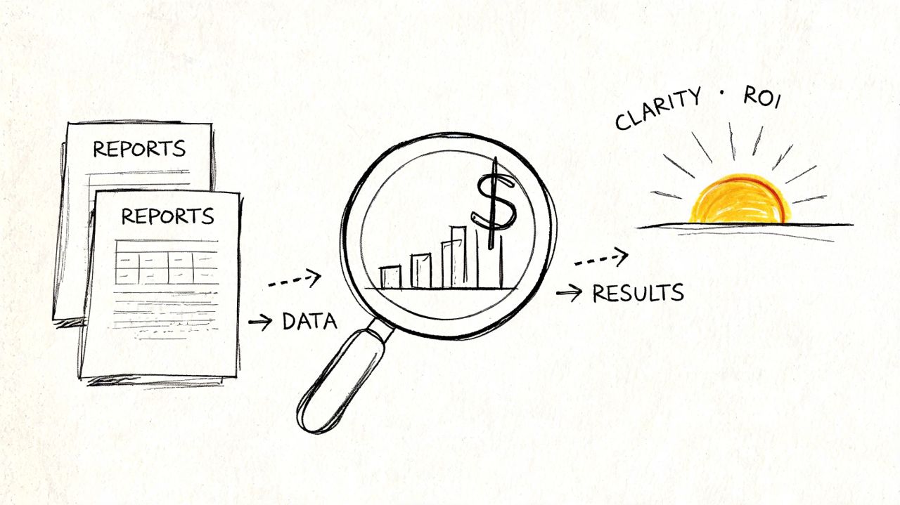 A hand-drawn sketch illustrating data reports being analyzed by a magnifying glass to produce results and ROI.