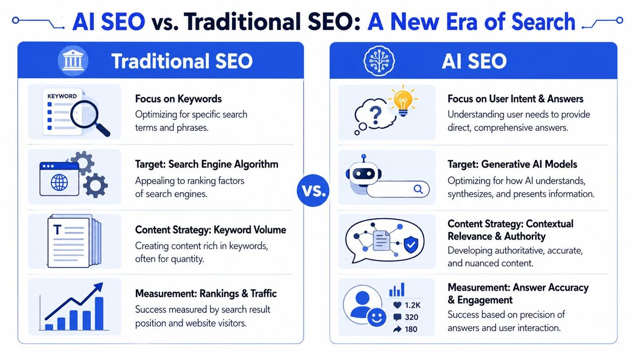 A comparison infographic between traditional SEO techniques and the new era of AI search optimization strategies.