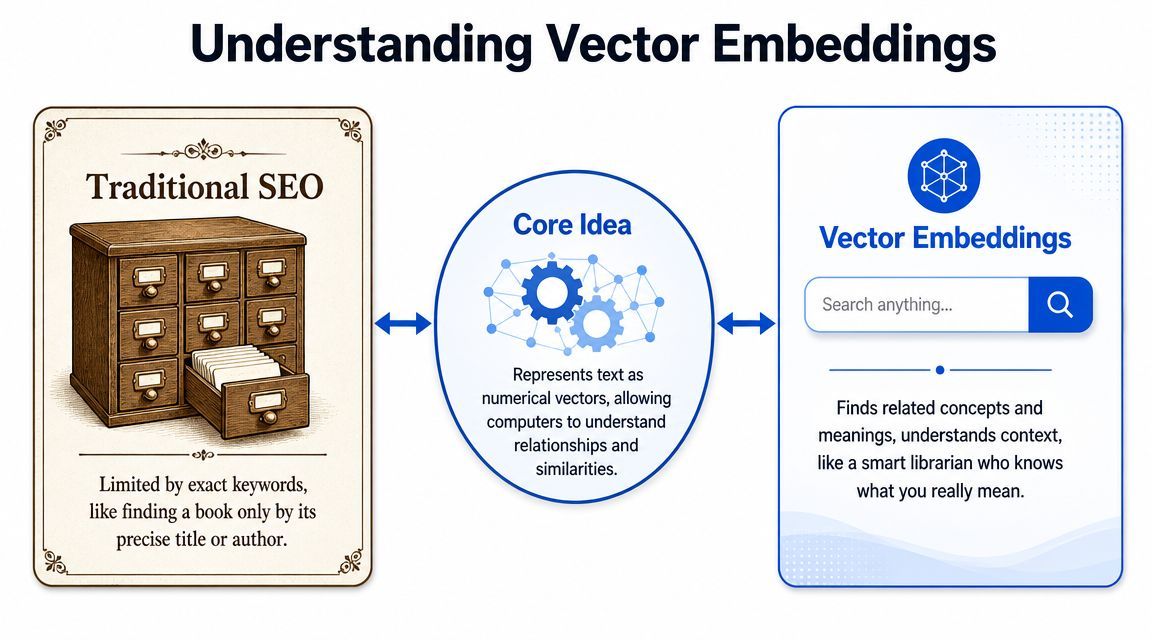 A diagram comparing traditional keyword-based SEO to modern AI-driven vector embeddings search, illustrating conceptual differences.