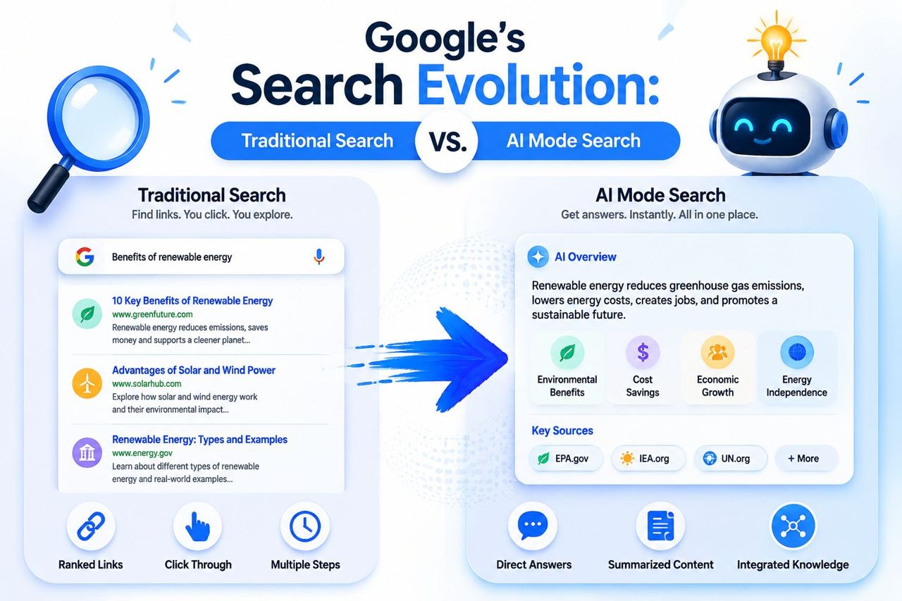 An infographic comparing traditional Google search results using links versus AI-powered search providing direct answers and summaries.