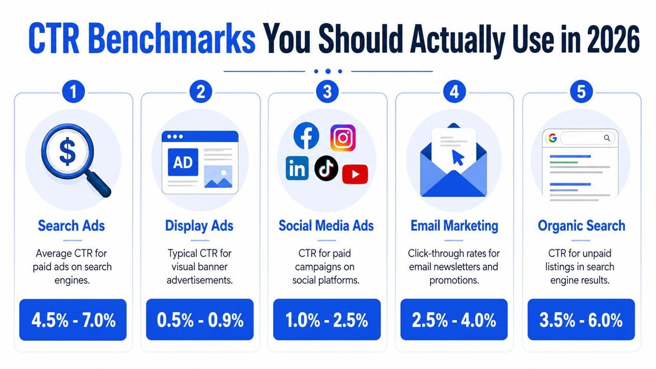 A chart detailing click-through rate benchmarks for search ads, display ads, social media, email, and organic search.
