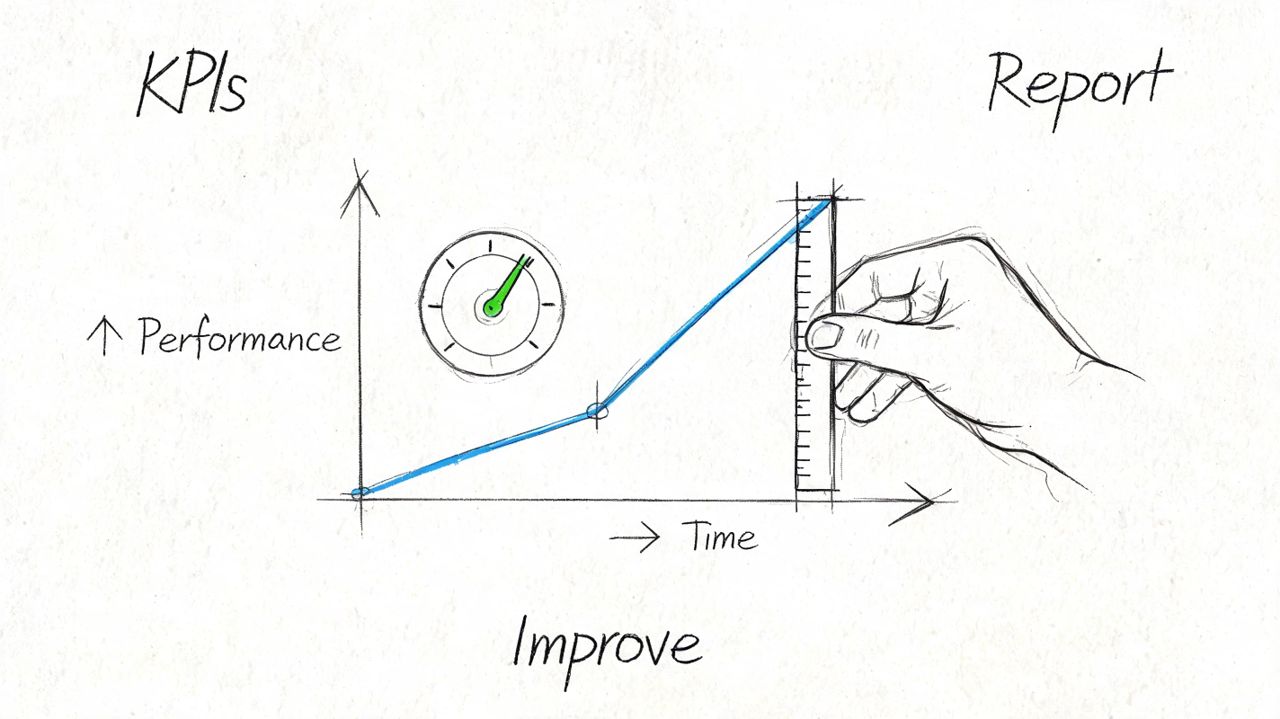 A hand holding a ruler next to a line graph showing performance growth over time.