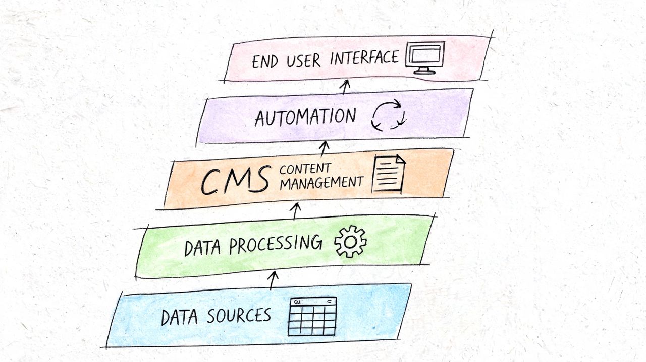 A hand-drawn flowchart illustrating the five layers of a programmatic SEO stack from data sources to interface.