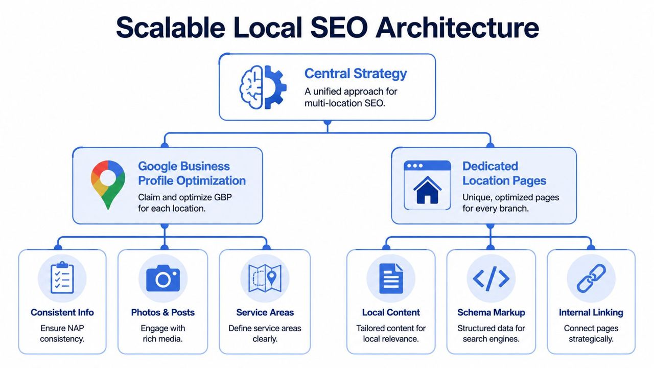 A diagram illustrating a scalable local SEO architecture strategy for businesses with multiple physical locations.