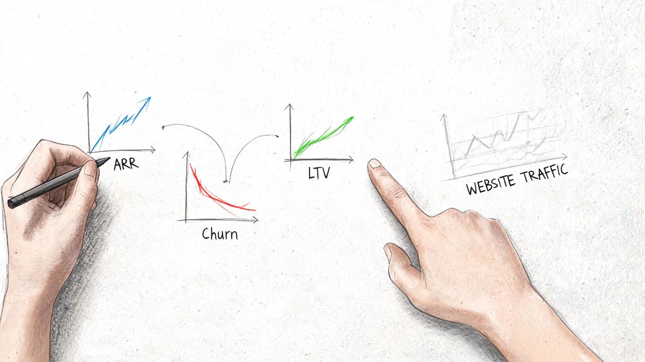 A hand drawing business growth charts for SaaS metrics including ARR, Churn, LTV, and website traffic.