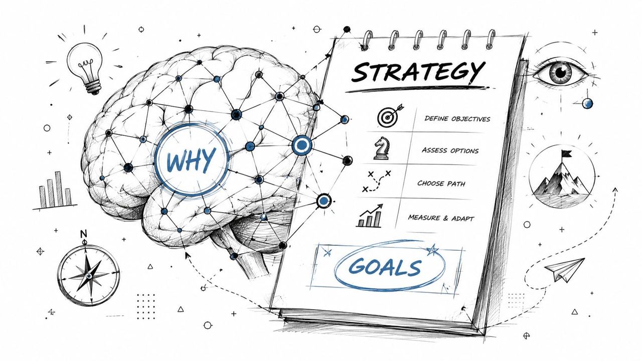 A hand-drawn illustration showing a human brain connected to a strategy notepad with goal-oriented business icons.