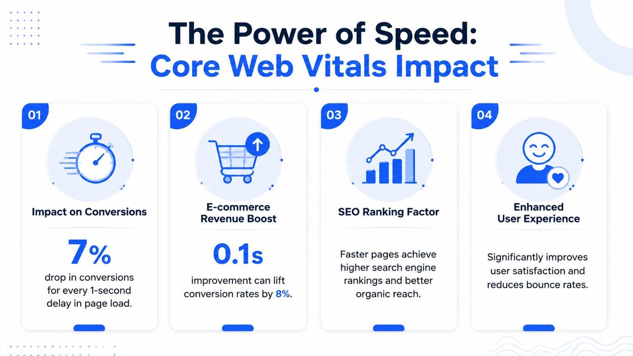 An infographic illustrating how web speed and Core Web Vitals impact conversions, SEO rankings, and user experience.