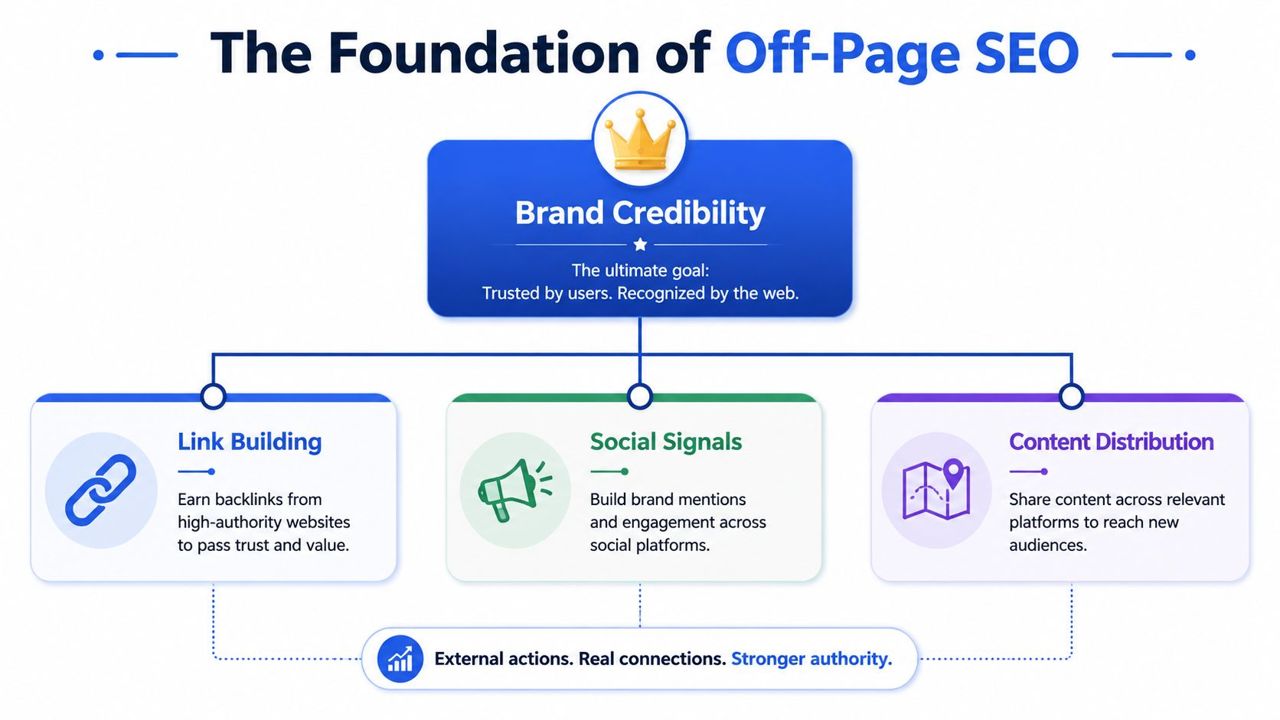 A diagram illustrating the foundation of off-page SEO, highlighting brand credibility, link building, social signals, and content distribution.