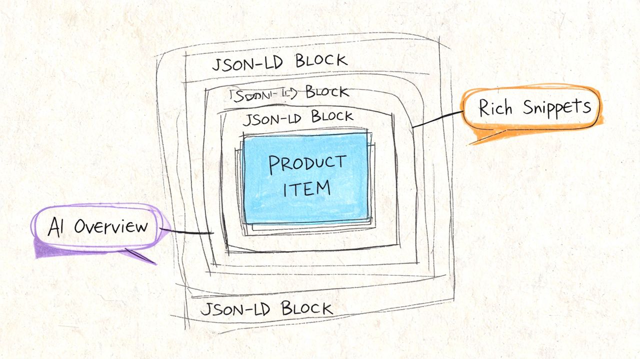 A conceptual diagram showing nested JSON-LD data structures relating product items to rich snippets and AI overviews.
