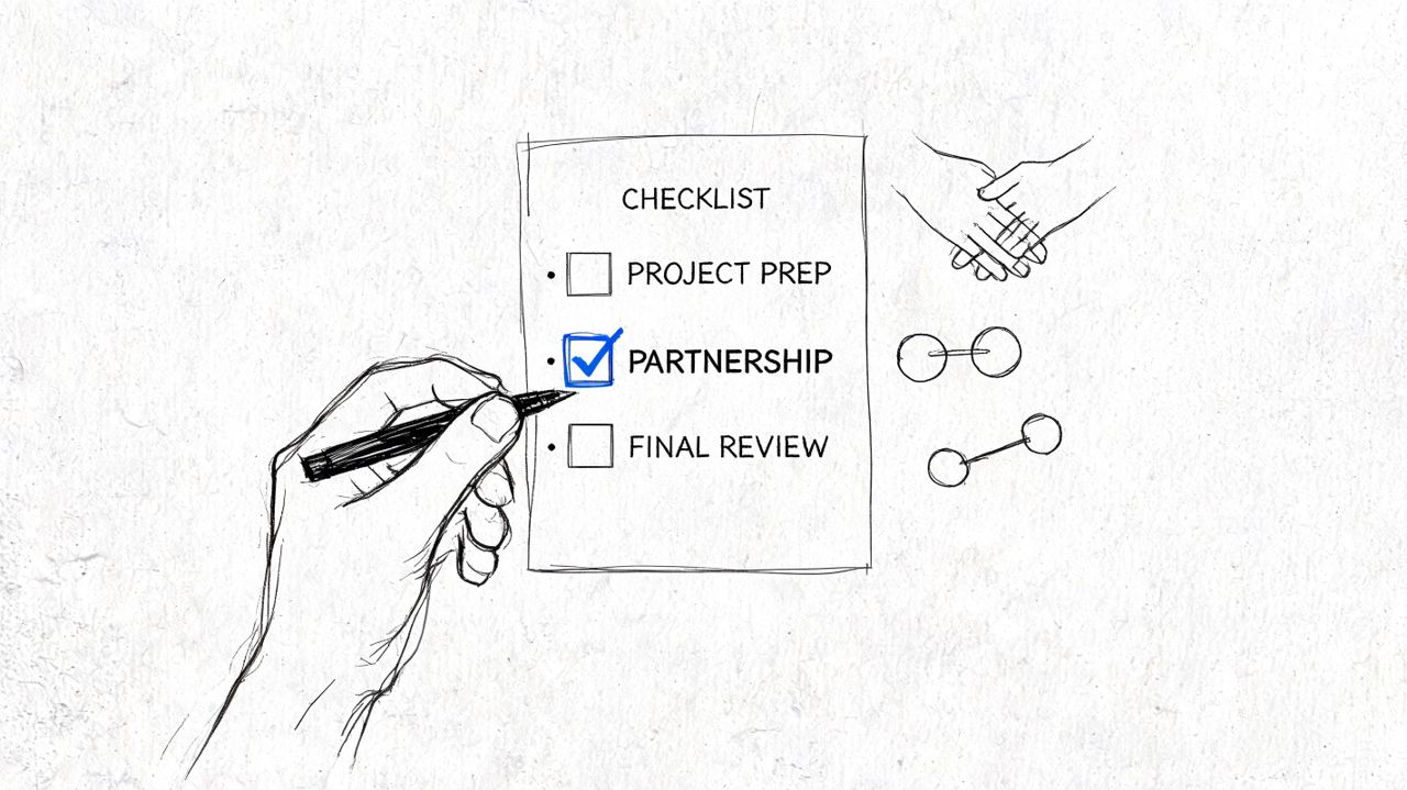 A hand drawing a checkmark next to the word Partnership on a project checklist illustration.