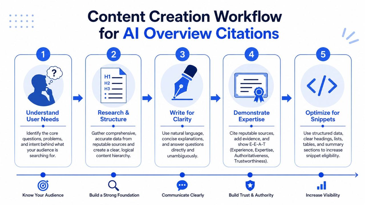 A five-step infographic showing a workflow for content creation to optimize for AI overview citations and search.
