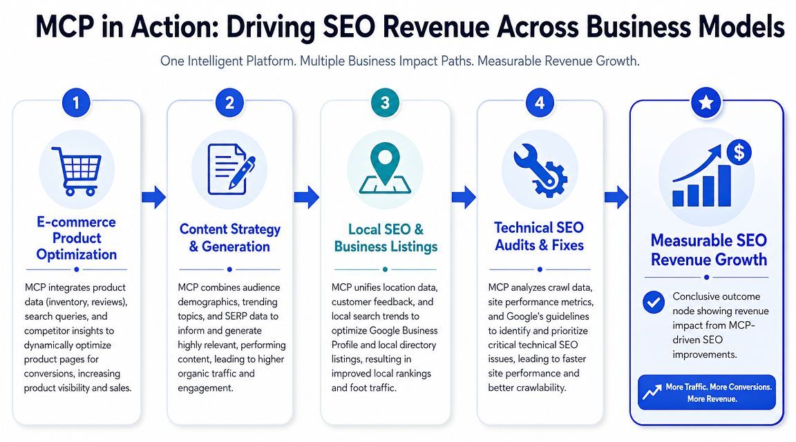 A diagram illustrating how an MCP platform drives revenue growth through e-commerce, content, local, and technical SEO.