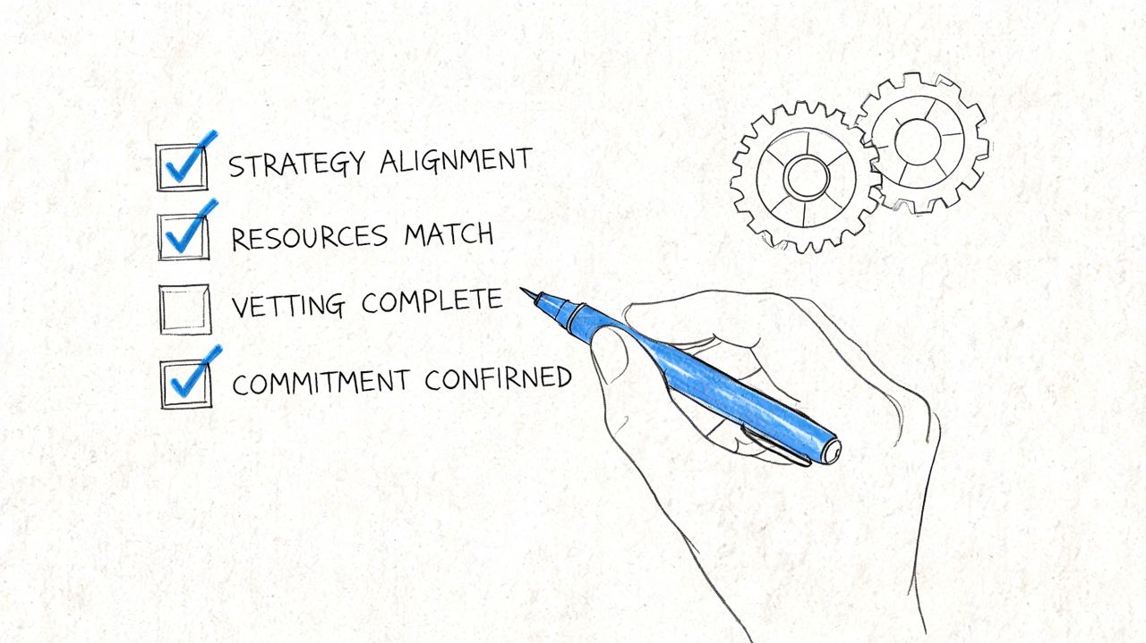A hand holding a blue pen marking a checklist on a white background with two gear icons.