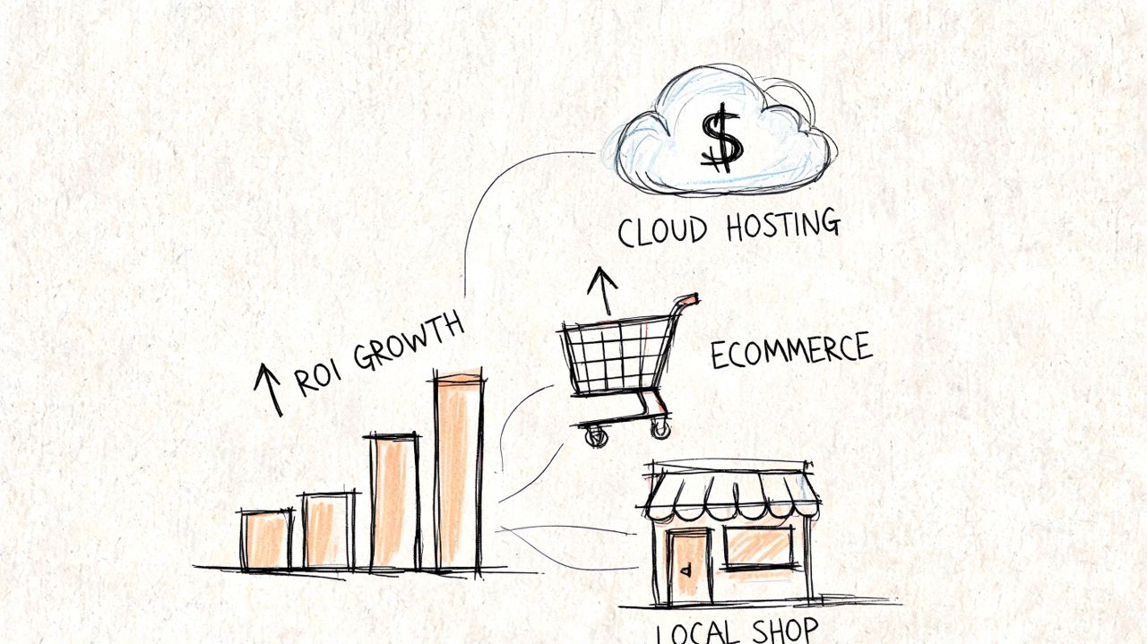 A hand-drawn illustration showing ROI growth from cloud hosting, ecommerce platforms, and a local shop business.