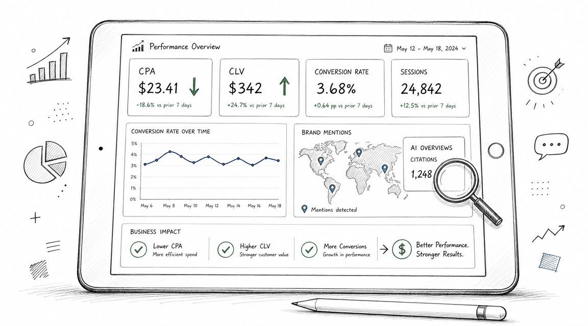 A tablet screen displaying a performance dashboard showing key metrics like CPA, CLV, conversion rates, and growth.