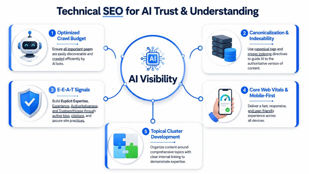 A diagram outlining five technical SEO strategies to improve AI visibility, trust, and search engine understanding.