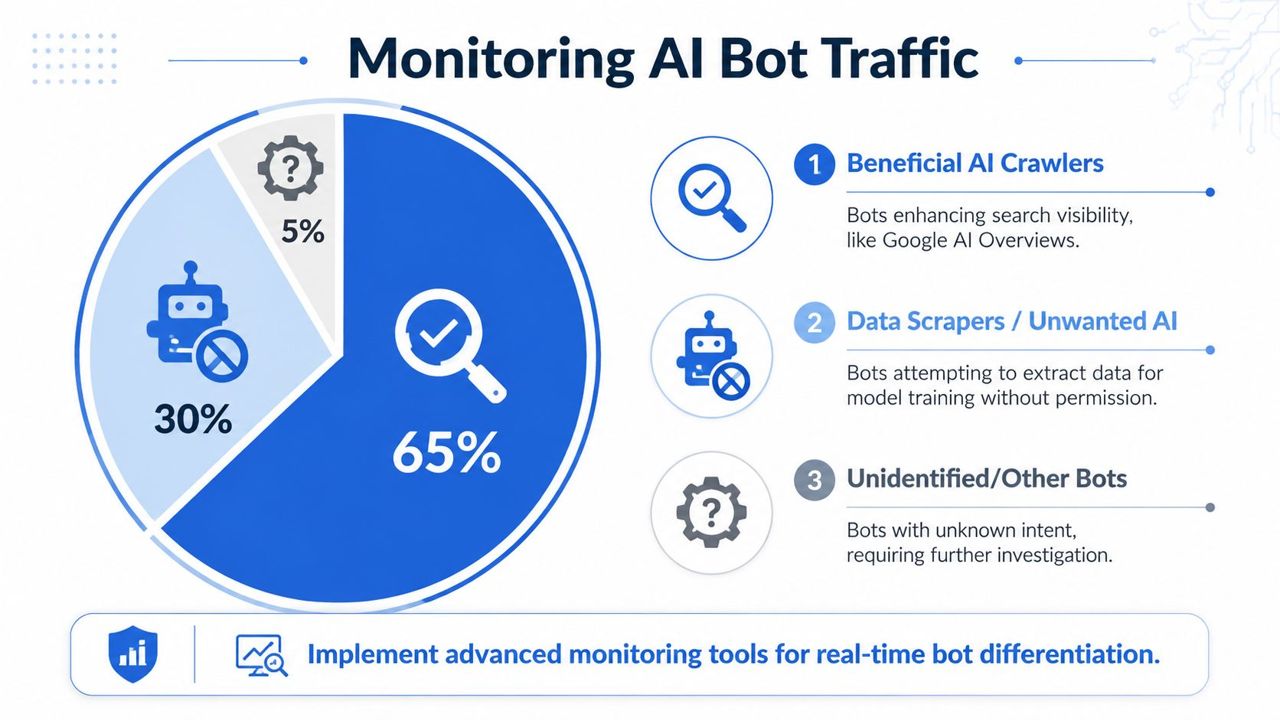 A pie chart displaying a breakdown of AI bot traffic, identifying beneficial crawlers, scrapers, and unidentified bots.