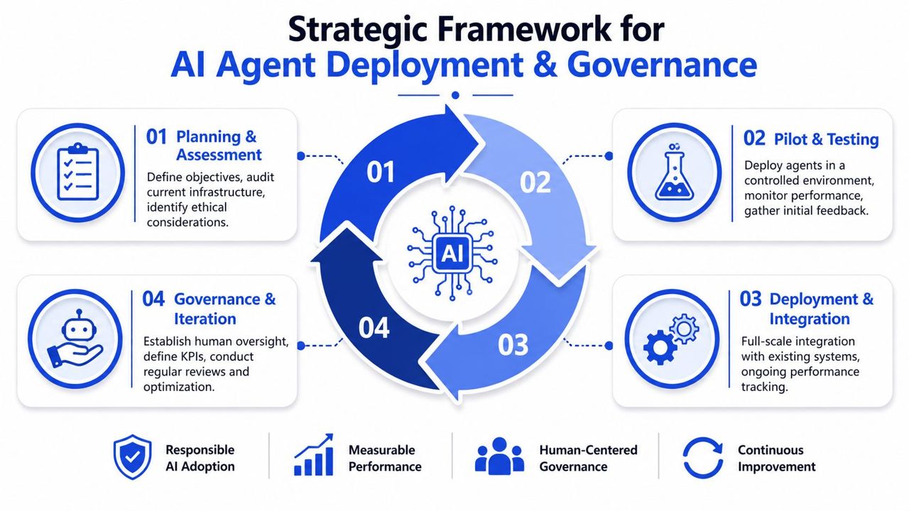A strategic framework chart for AI agent deployment and governance, illustrating a four-stage process cycle.