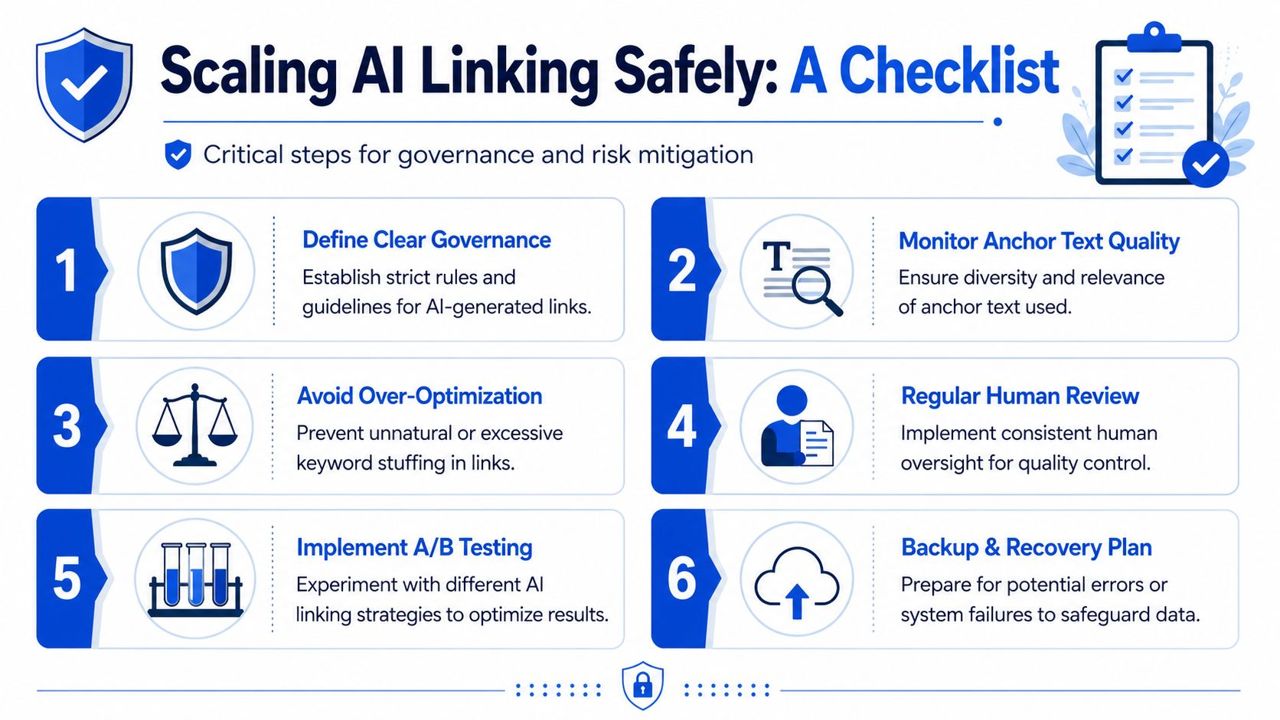 A checklist infographic illustrating six critical steps for safely implementing AI-driven internal linking and governance strategies.