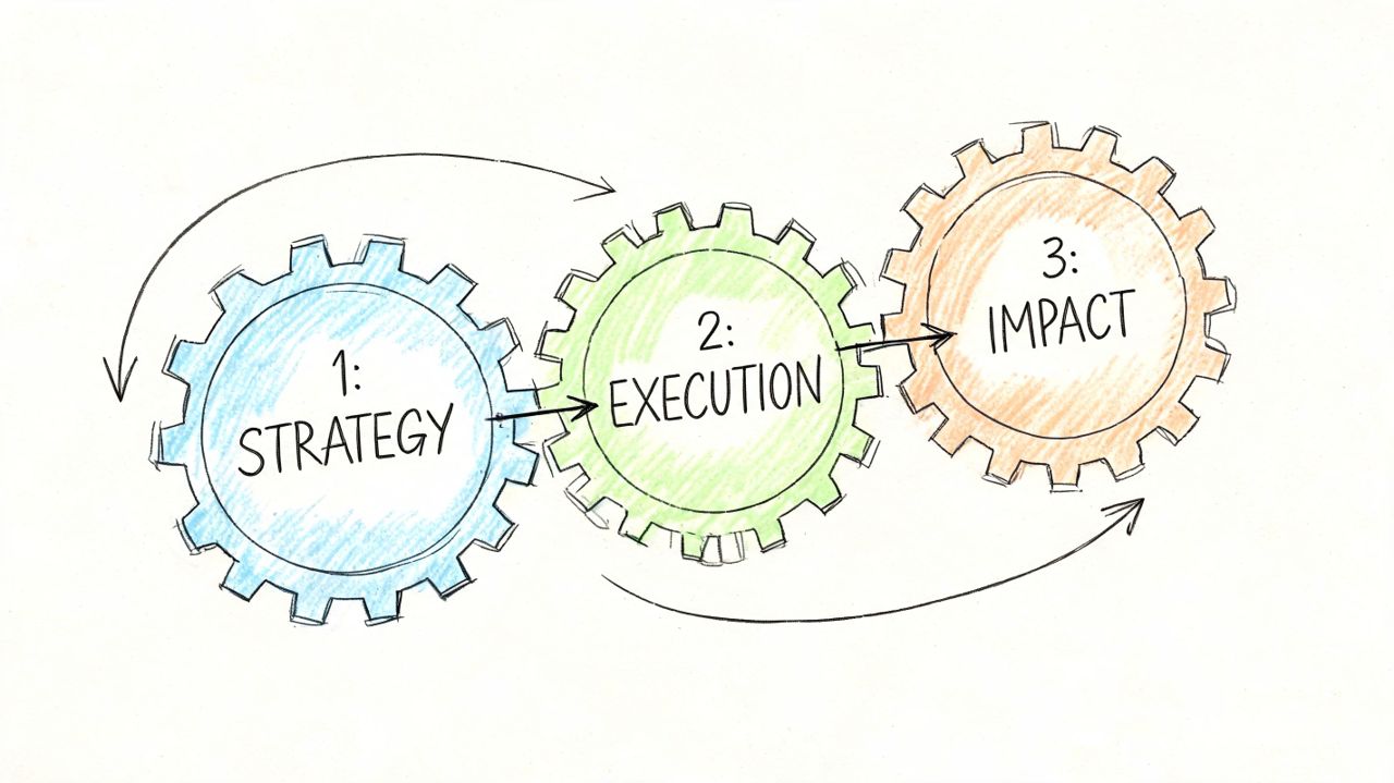 A conceptual diagram showing three colored gears labeled 1: Strategy, 2: Execution, and 3: Impact with arrows.