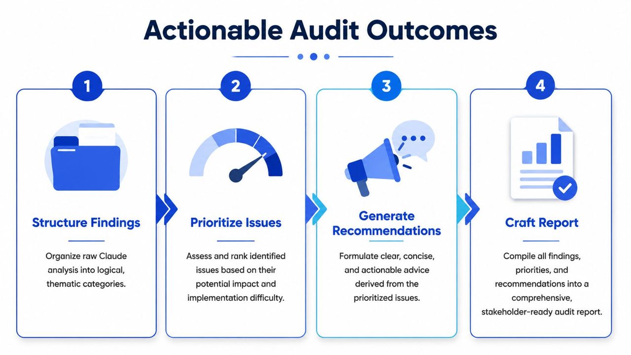 A four-step infographic illustrating a logical workflow for conducting an actionable audit using Claude.